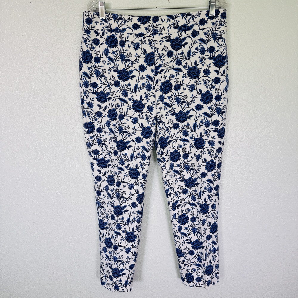 Talbots Chatham Ankle Pants Women 12 Petite Blue Floral Slim Stretch Office 12P